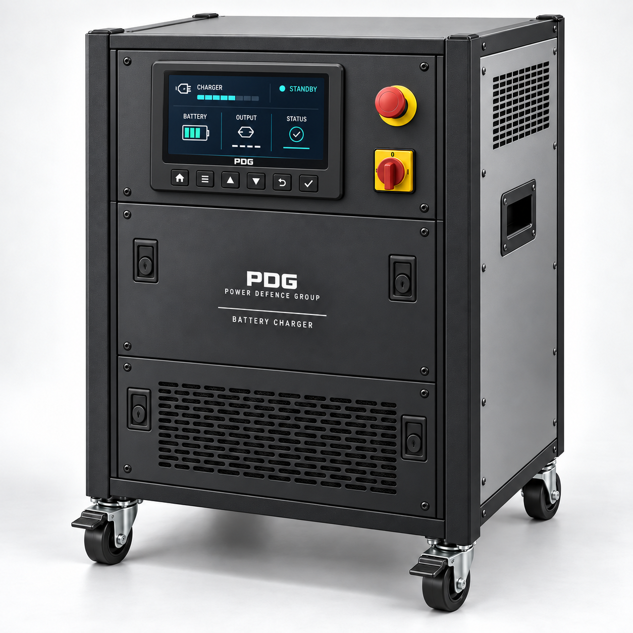 PDG battery charger cabinet on castors with a slim charcoal HMI-5 housing, bespoke charging interface, emergency stop, mains isolator and ventilated front panels.