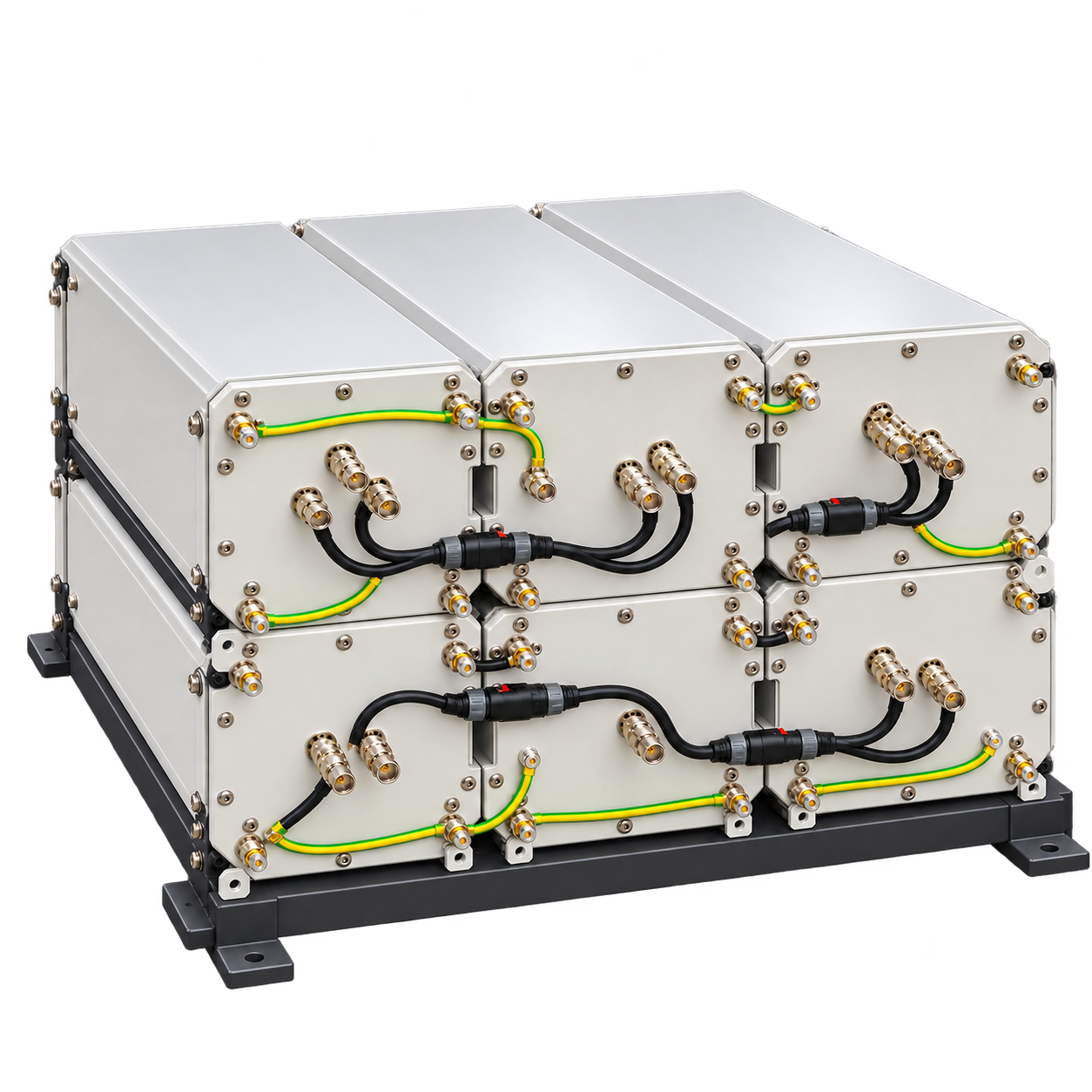 Six exposed silver battery modules with bevelled casings, revised black interconnection cables and green-yellow bonding wires on a dark mounting base; illustrative configurable battery arrangement.