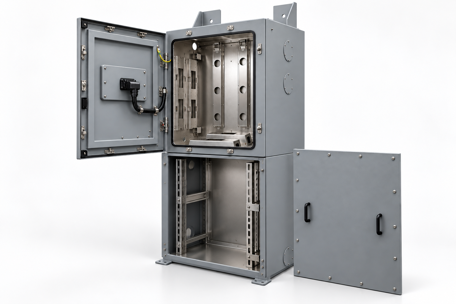 Light-grey PDG equipment cabinet with its upper door open and lower access panel removed, showing internal mounting space and a separate panel with two handles.