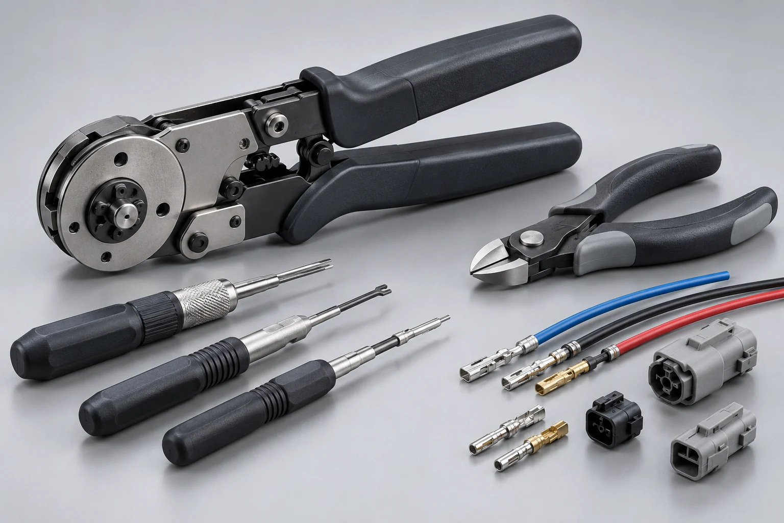 Contact crimping and insertion tools arranged on a work surface