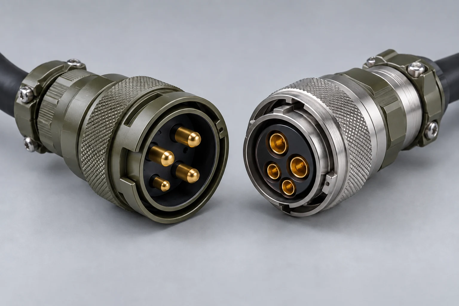 Rugged circular power connector pair with large electrical contacts — concept illustration