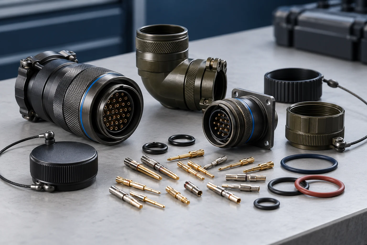 Connector backshells, caps, seals and crimp contacts arranged on an engineering workbench