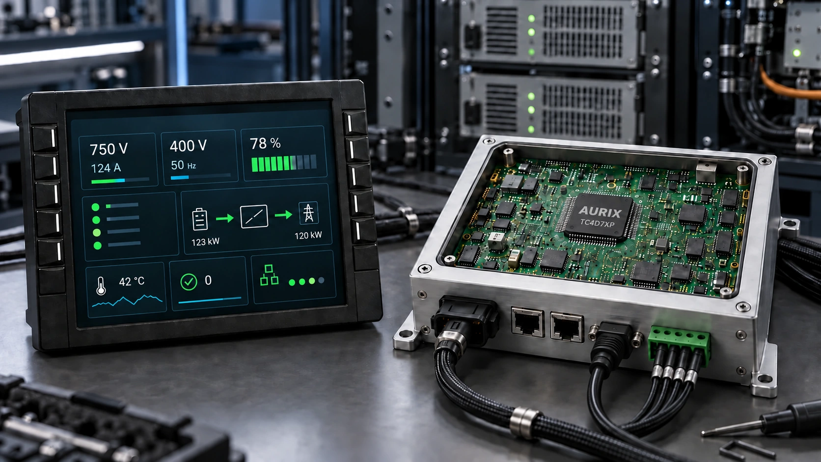 Controller board with a visible AURIX TC4D7XP marking and a connected D-sub serial cable beside a rugged operator display — concept illustration