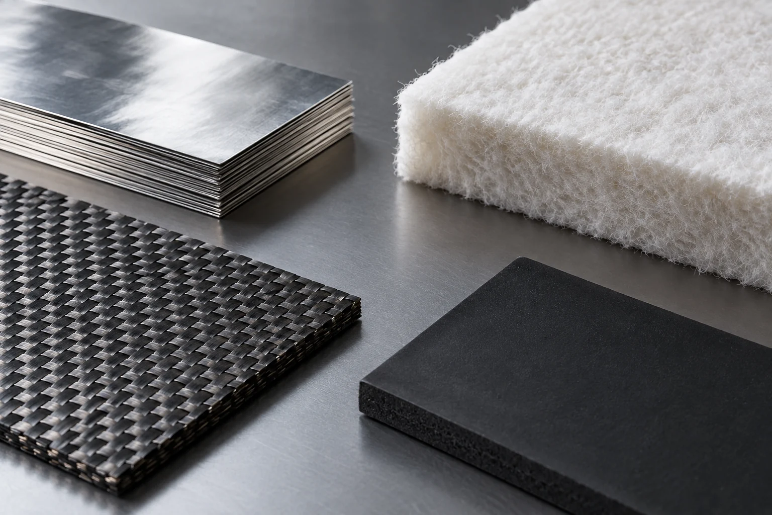 Layered samples of metallic foil, fibre insulation, woven composite and sealing material