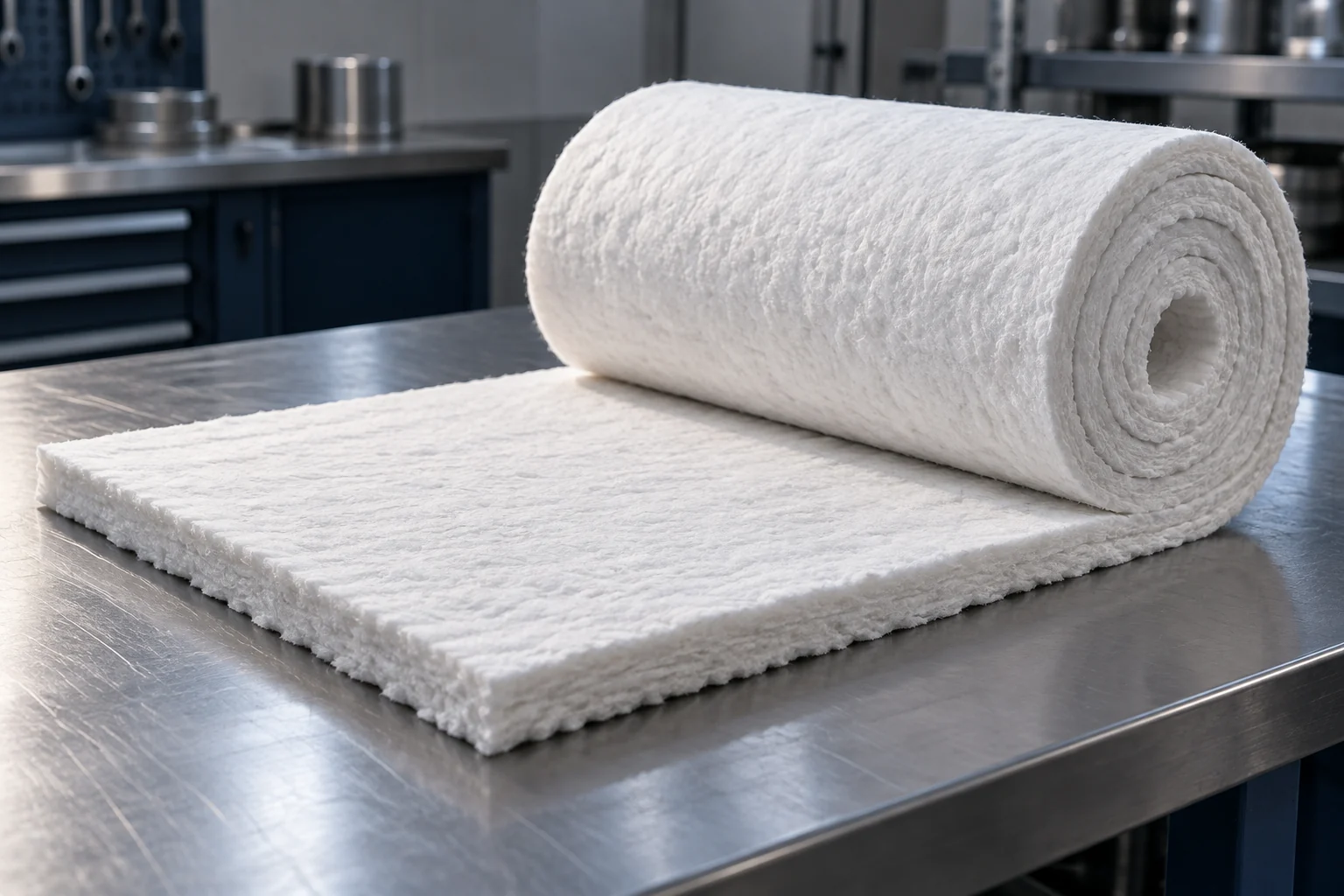 White fibre insulation mat with a rolled section showing its thickness and texture