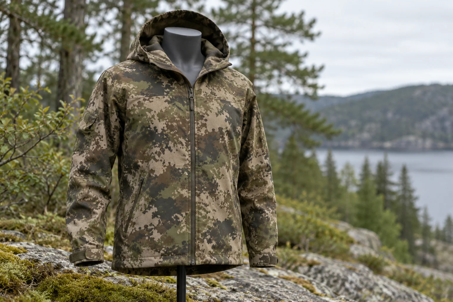 Camouflage garment displayed on a mannequin outdoors