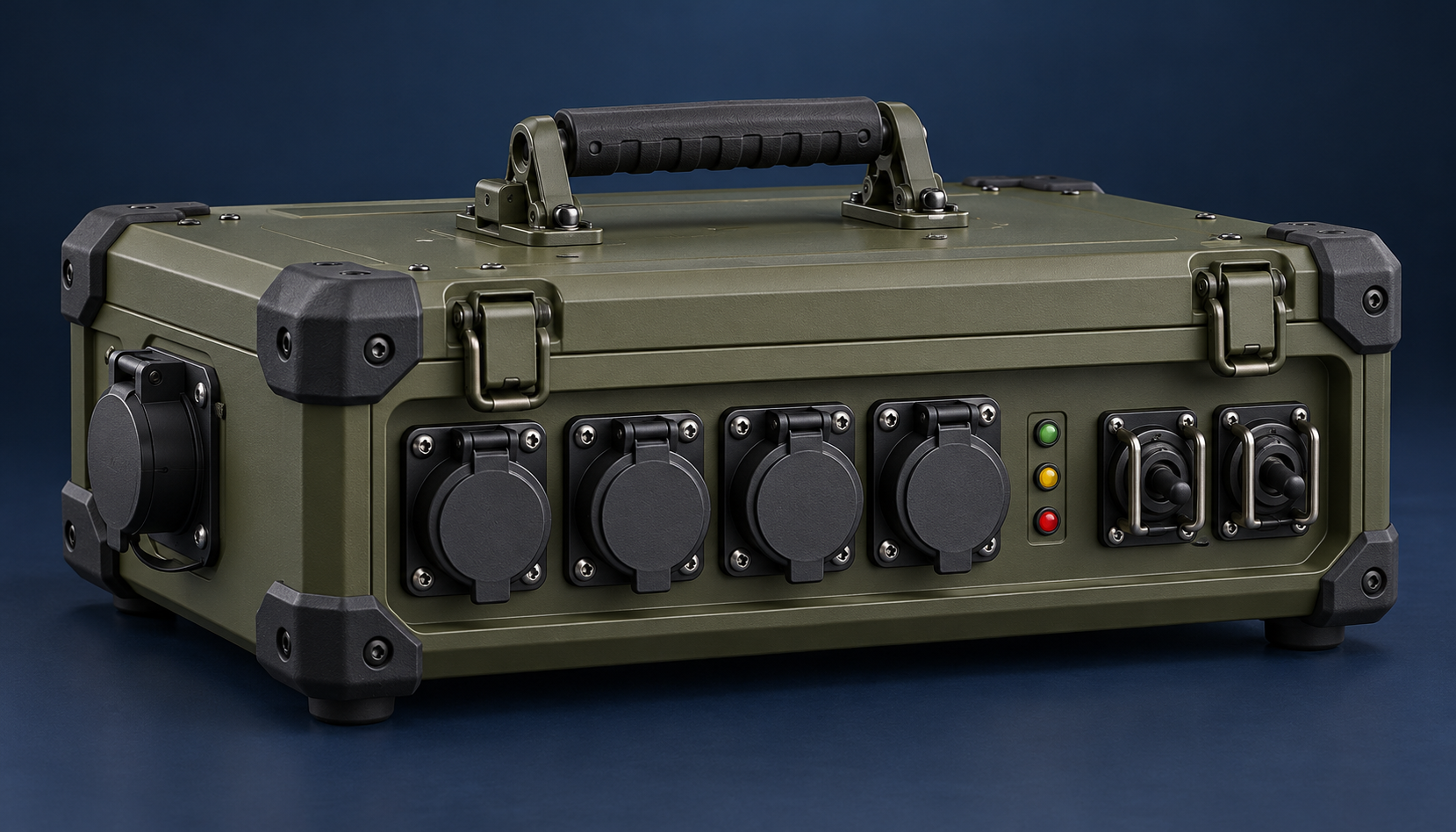 Olive-drab portable field power-distribution case with a carry handle and protected power connections — concept illustration