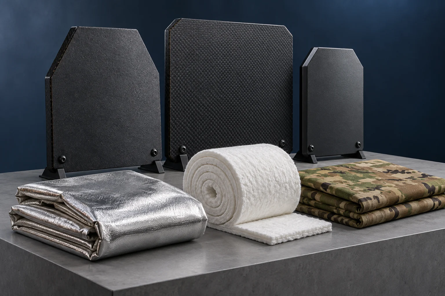 Protective panels, thermal cover, insulation mat and camouflage material displayed together
