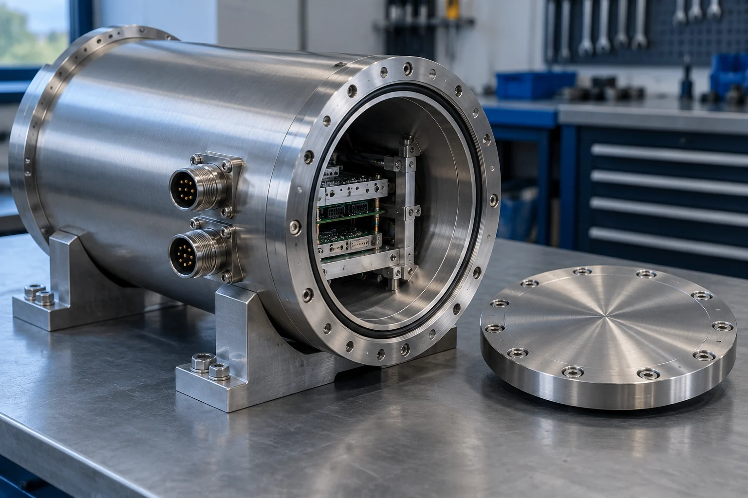 Machined cylindrical subsea housing with an open endcap and internal equipment tray