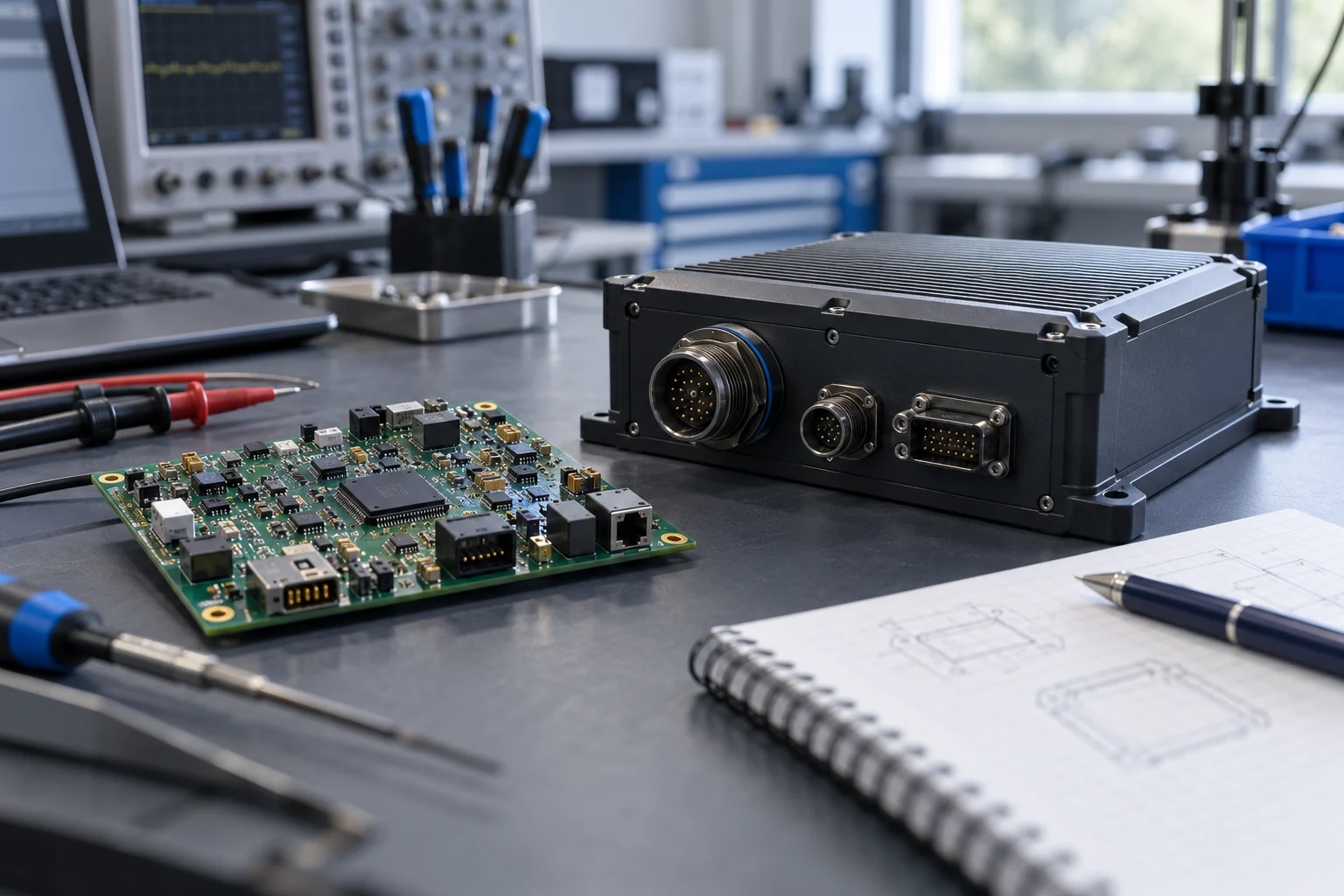 Electronics prototypes and an enclosed module on a product-development bench