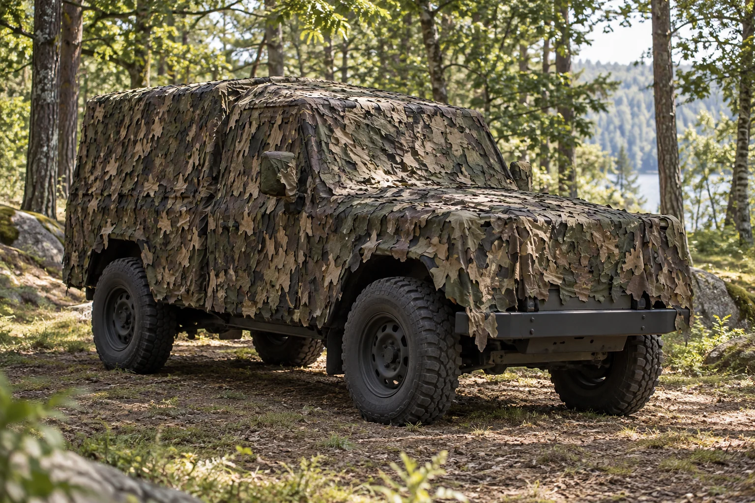 Utility vehicle fitted with camouflage covers in woodland